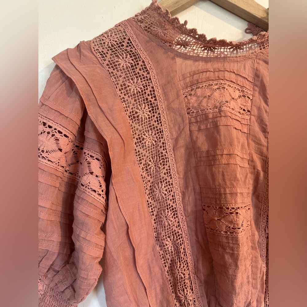 Free People Dusty Rose Lace Panel Puff Sleeve Blouse - Picture 6 of 10